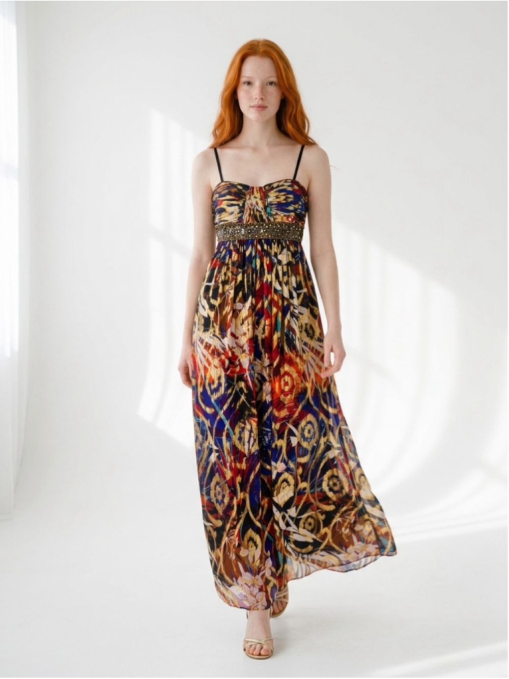 Silk maxi dress, Oleg Cassini, multicolor metallic abstract print and beaded